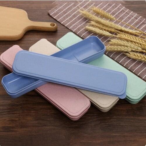 Outdoor Reusable Practical Transparent Cover Wheat Straw Slot Design Cutlery School Dinnerware Sets with Storage Case Travel