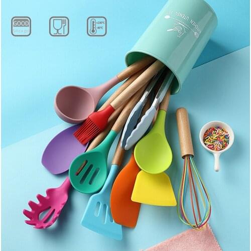 12pcs Colorful High Temperature Resistance Silicone Kitchenware Set Non-Stick Pan Cooking Kitchen Spatula Spoon Wooden Handle