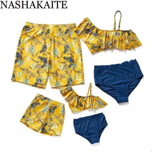 NASHAKAITE Mommy and me clothes Yellow Print Sexy One Shoulder Swimsuit For Mom Daughter Family swimsuit Dad Son Swimwear Shorts