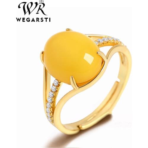 WEGARASTI Silver 925 Jewelry Rings for Women Fine Jewelry Natural Yellow Amber Ring Adjustable Size Wedding Gift