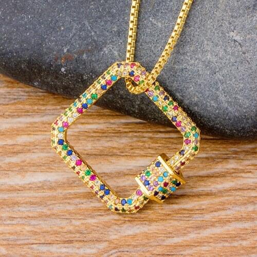 New Square Gold Chain Charm Necklace Lock Carabiner Micro Pave CZ Copper Cubic Zirconia Pendant Jewelry For Women Wedding Party