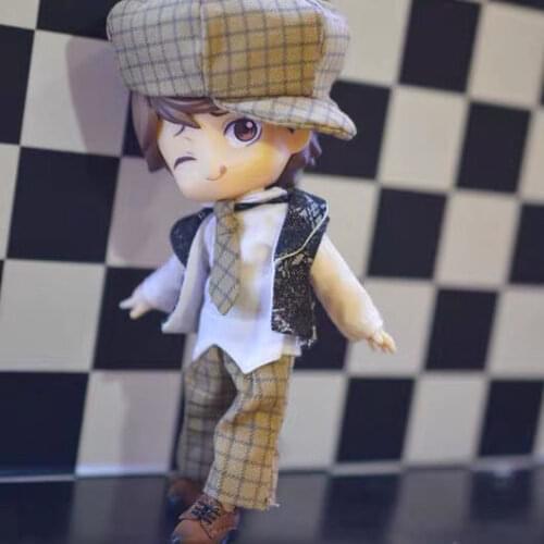 OB11 Doll Clothing Fits 1/12 Size Fashion White Doll Collar Shirt + Tie + Jacket + Checked Pants + Hat Old Time Suit