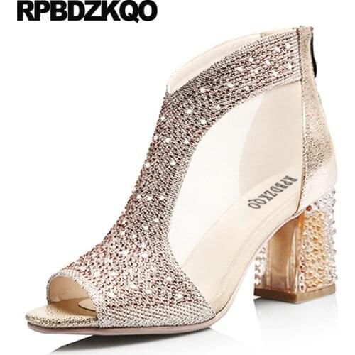 Sandals Rhinestone Mesh Ankle Gold Wedding Metallic Peep Toe Silver Luxury Brand Shoe Women Chunky Boots High Heel Bling Booties