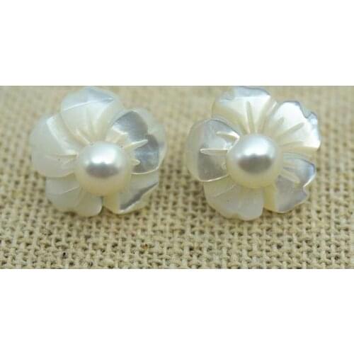 Genuine Pearl Earrings White Pearl Earring AA 5MM Real Freshwater Pearl Earring 12mm Shell Flower Jewellery