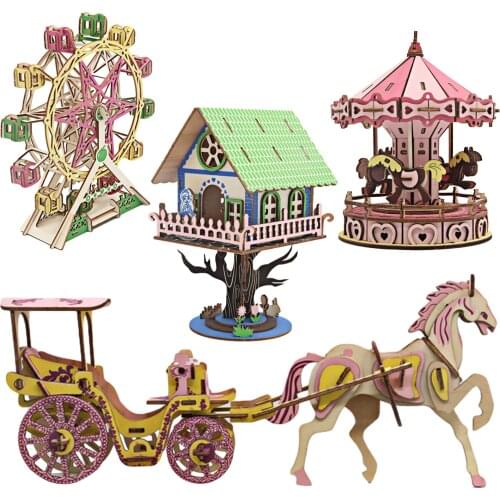 Stimulate DIY 3D Wooden Puzzle Toys Assembly Model Toys Jiasaw Carousel Puzzles Carousel Educational Toy For Kids Gift Toy