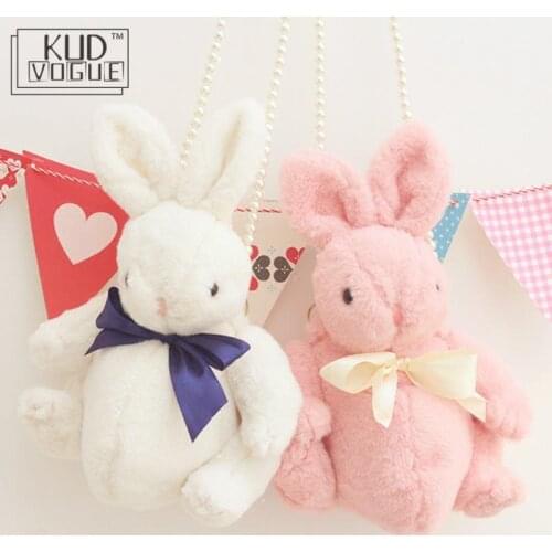Kawai Lolita Bags Girl Bunny Rabbit Bag Silk Bowknot Soft Plush Toy Doll Single Shoulder Portable Pearl Chain Bag Christmas Gift
