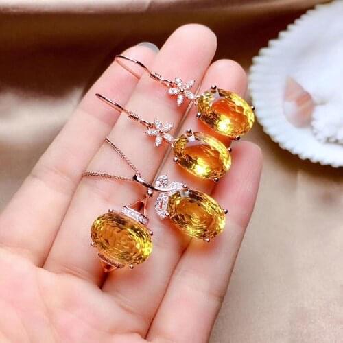 Wedding Best Gift Citrine Set Natural And Real Citrine Jewelry set 925 sterling silver 1pc Ring,1pc Pendant,2pcs Earring