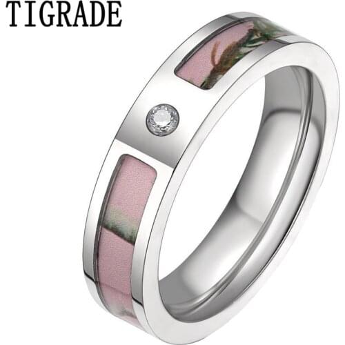 TIGRADE Womens Pink Real Forest Tree Camo Titanium Wedding Ring with Small Cz Stone Size 5-10 aneis feminino Women Jewelry Gift