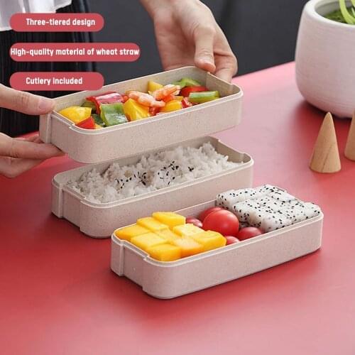 Three Layers Lunch Box Wheat Straw Fiber Plastic Square Student Lunch Box with Tableware Food Storage Containers for Kitchen To