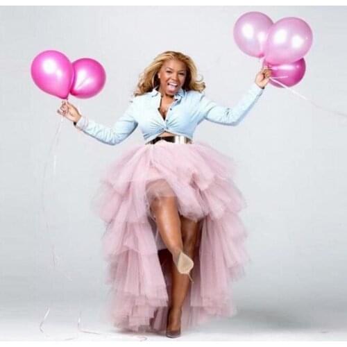 Pink Ruffles Tiered High Low Tulle Skirts Women Elastic Plus Size Elastic Long Tutu Bridal Skirt Custom Made 2020