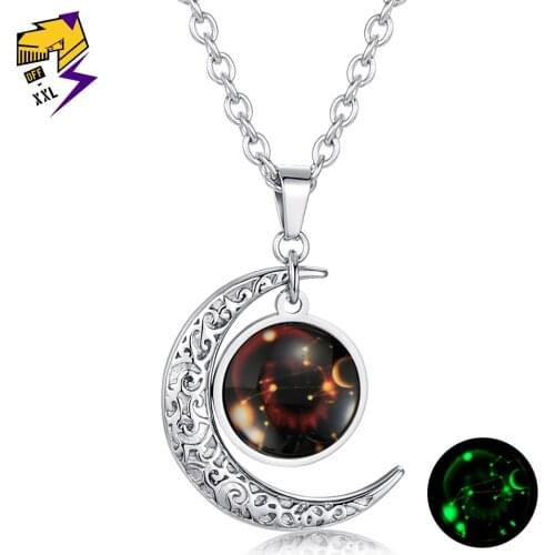 Glow in the Dark Moon Star Pendant Necklaces Stainless Steel Chains Luminous Leo Constellations Necklaces Women Fashion Jewelry