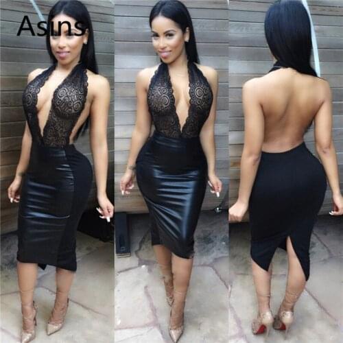 Asins Sexy nightclub dress 2019 summer new hot women sexy embroidered hanging neck piece PU fashion casual split dresses