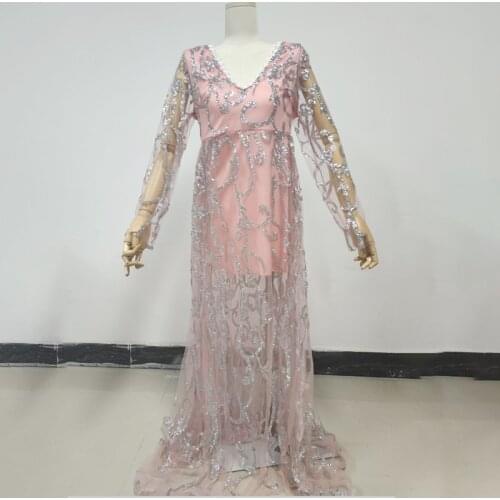 2021 spring sexy hip long evening club Dress pink sequined V-neck mesh dress Vintage A-Line Appliques Long Sleeve Temperament