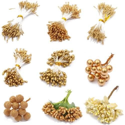 10-144pcs Gold Artificial Hybrid Flower Cherry Stamen Berries Bundle DIY Christmas Wedding Cake Gift Box Wreaths Xmas Decor