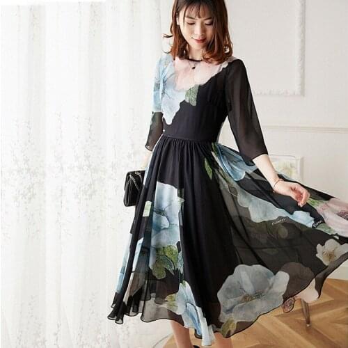 100% Silk Dress Women Casual Style Printed O Neck A Three Quarter Sleeve Dress Elastic Waist Elegant Summer New Fashion