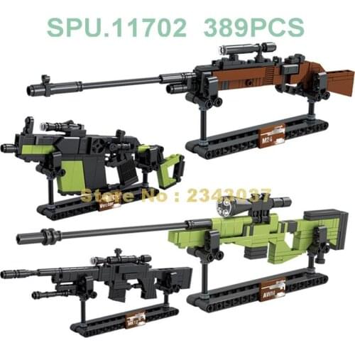 Ql0454 389pcs 4in1 Military Weapon Awm M24 Sniper Mp5 Rifle Mk12 Vector Rifles Gun Building Blocks Toy