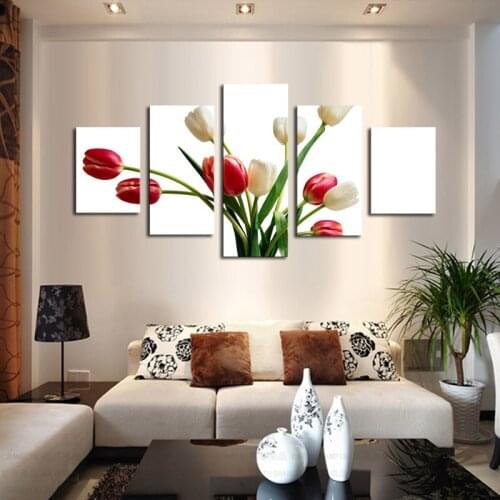 Unframed 5 Panels Huge HD Beautiful Red And White Rose Top-rated Canvas Print For Living Room Wall Art Picture Painting Artwork