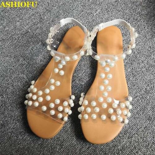ASHIOFU New Arrival Real Photos Flat Sandals Beading Back-to-school Solid Summer Shoes T-strap PVC Casual Fashion Sandals Shoes