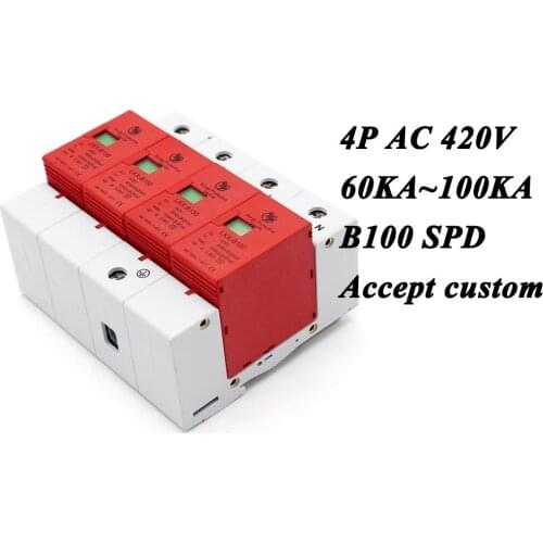 B100-4P 60KA~100KA ~420V AC 3P+N SPD House Surge Protector Protective Low-voltage Arrester Device Lightning protection