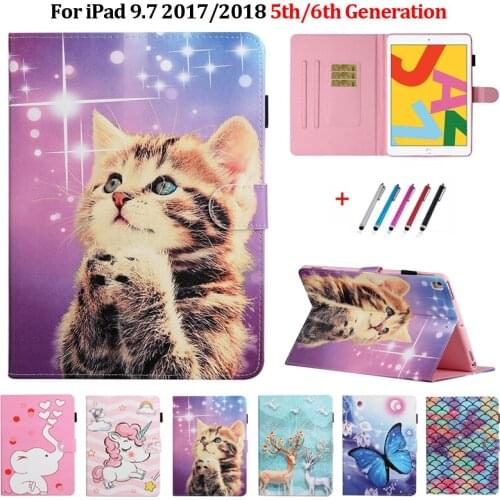 Coque For iPad 6th Generation Case Kawaii Unicorn Cat Butterfly Leather Cover Funda For iPad 9.7 2017 2018 Case Wallet Shell