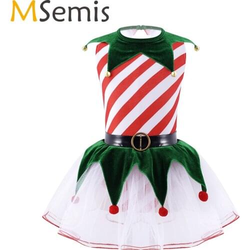 Kids Christmas Dance Costume Sleeveless Striped Bells Pom Pom Dancewear Child Girls Tutu Ballet Leotards Figure Skating Dress