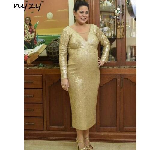 NYZY M51 Short Gold Mother Of The Bride Dresses 2019 Tea Length Long Sleeves Wedding Party Evening Guest Wear Groom Mother Gowns