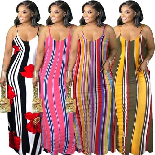 Summer Womens Slip Dress Wholesale 2021 Lady Bohemian Long Dresses Backless Striped Plus Size Floral Dress Dropshipping