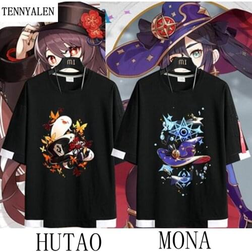 New game Genshin Impact Anime T-shirt HUTAO MONA Two-dimensional Peripheral Loose Trend Mens and Womens Short Sleeve