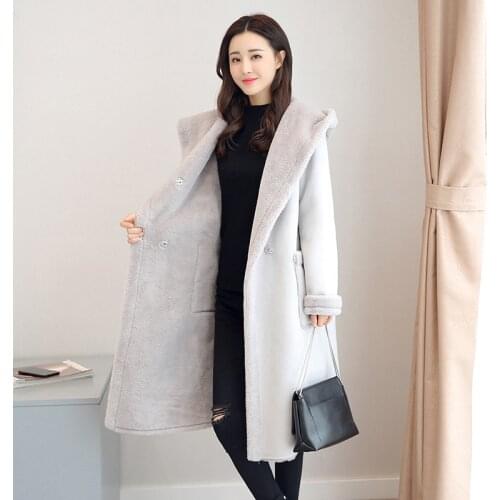 Coat Mid-Length Outwear Female Lamb Wool Coat Women Overcoat Fur Coat 2021 New Winter Korean Plush Thick Hooded Pocket Deerskin