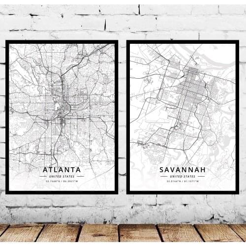 Atlanta Savannah GA Georgia USA United States of America Map Poster