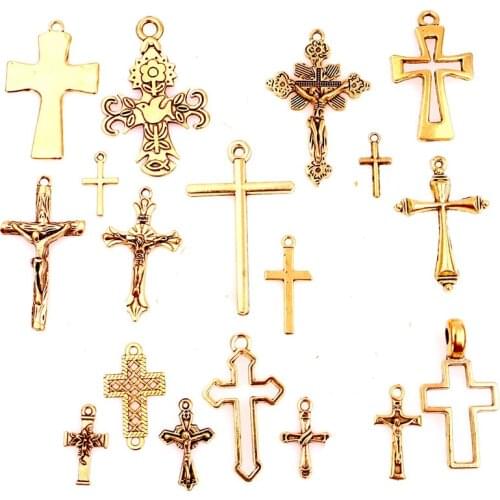 50pcs/Lot Vintage Mix Plated Religion Cross Charms Finding Christian Crosses Pendant Necklaces Women Gift Jewelry Wholesale