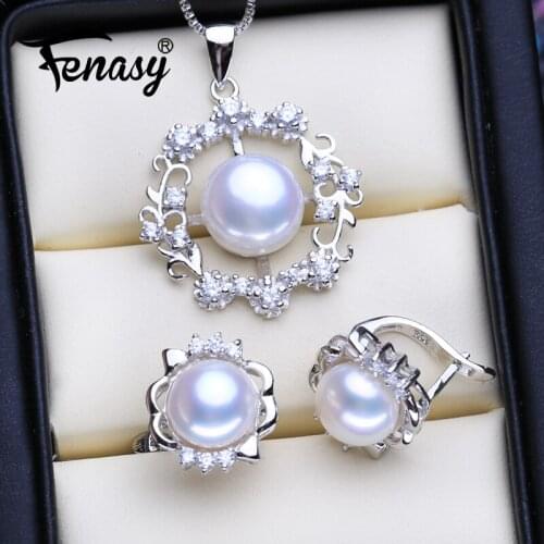 FENASY 925 Sterling Silver Jewelry Sets Natural Pearl Stud Earrings Custom Bohemian Flower Pendant Chain Necklace For Women
