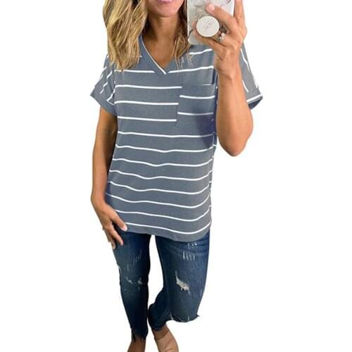 V Neck Loose T-shirt Short Sleeve Casual Tops Female Summer Striped Gray T-shirt 2021 New Hot Sale T-shirt