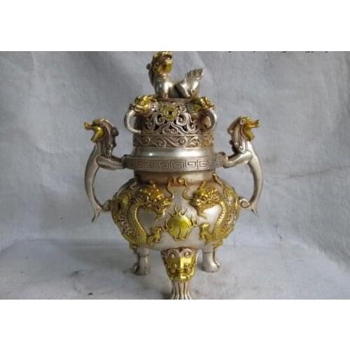 Tibet White Copper Silver Gilt Two Dragon Play Bead & Lion incense burner Censer