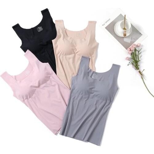 Ice Silk Tank Top Push Up Seamless Padded Vest Crop Top Wireless Padded Lingerie Tee Camisole Women Comfortable Sleep Cami