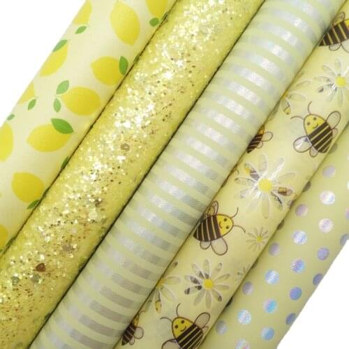 Yellow Glitter Fabric Lemons Printed Synthetic Faux Fabric Iridescent Stripes Polka Dots Faux Vinyl Bees JELLY Sheets KM588