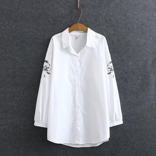 Plus Size Full Cotton White Tops Womens Long Blouse Cat Embroidery Officewear Muslim Long Blusas
