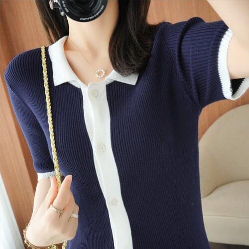 Ladies T-shirt 2021 summer new pure cotton knitted T-shirt casual lapel womens top stitching short-sleeved plus size tees hot