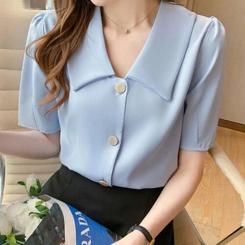 Blusas Mujer De Moda 2021 V-neck Bubble Sleeve Solid Color Chiffon Shirt Short Button Up Shirt Casual Vintage Top White 1004
