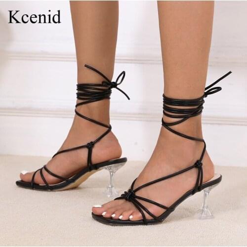 Kcenid Women Sandals Sexy Summer Shoes Crystal Heel Lace-Up Bandage Pumps Square Toe Ladies Party Fashion Shoes Black Size 42