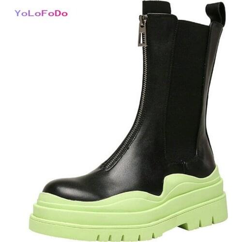 2021 Autumn Winter Women Ankle Boots Cow Leather Platform Height Increasing Women Chelsea Boots Zipper Ladies Motorcycle Boots