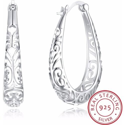 Real 925 Sterling Silver Vintage Hollow Carving Flower Hoop Earrings Ethnic Fine Jewelry Fashion Women Earrings