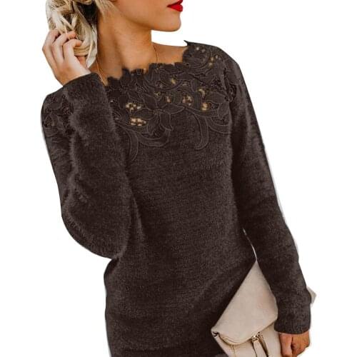 2019 New Trendy Lowest Price Sexy Women O Neck Long Sleeve Lace Stitching Hollow out Slim Pullover Top Xmas Gift For Women