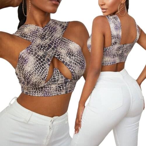 Women Close-fitting Sexy Vest, Printed Pattern Halter Neck Sleeveless Crop Tops, Black/ Pink/ Khaki/ Brown 2021 New Fashion