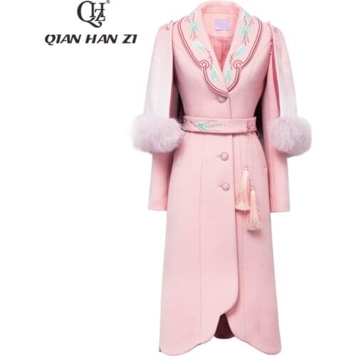Qian Han Zi runway fashion detachable cloak coat Women High Quality Embroidered belt Slim Elegant pink long coats Warm Overcoat