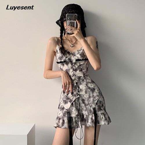 Gothic Lady Sexy Mini Tie Dye Dress Summer Lace-up Draw String Lady V Neck Empire Back Zip Dresses Backless Sleeveless Vestidos
