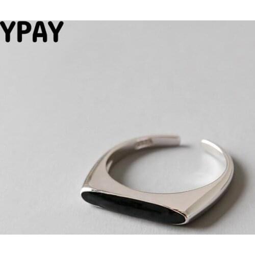 YPAY 100% Genuine 925 Sterling Silver Open Rings for Women with Black Glaze Vintage Midi Ring Fine Jewelry Bijoux Femme YMR565