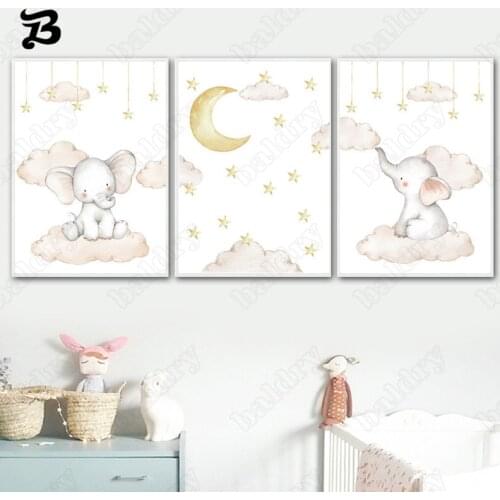 Animal Canvas Painting Wall Art Elephant Nordic Canvas Posters and Prints Wall Pictures Cartoon Animals Moon for Baby Room Decor