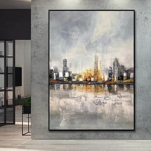 100% Hand Painted Oil Painting Hand Made Of Old Colorful Buildings Canvas Painting Wall Art for Living Room Home Decor No Frame