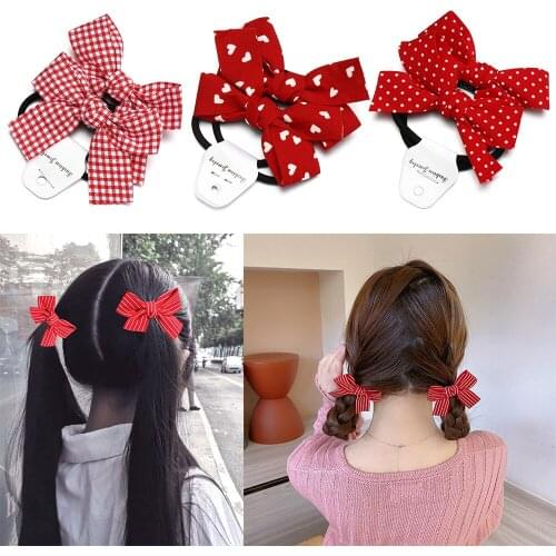 2Pcs/Set Pink/Red Bowknot Hair Rope Kids Girls Sweet Cute Wave Point Butterfly Knot Hair Clips Double Horsetail Hair Accessories